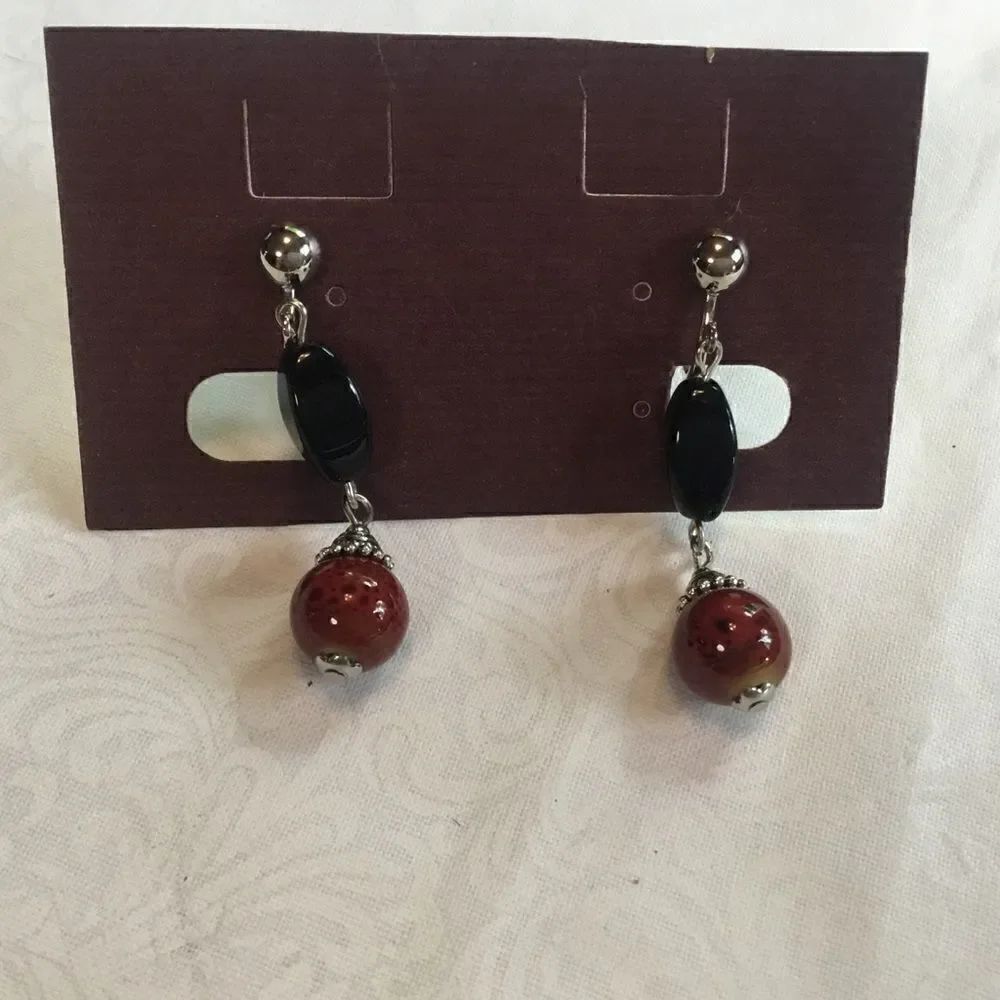 Silvertone Red & Black Clip On Earrings